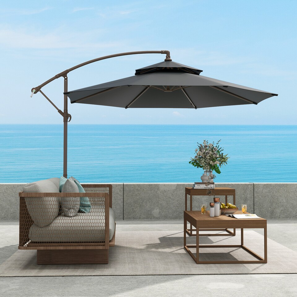image 1 of Outsunny 2.7m Garden Banana Parasol Cantilever Umbrella with Crank Handle, Double Tier Canopy and Cross Base for Outdoor, Hanging Sun Shade, Dark Grey