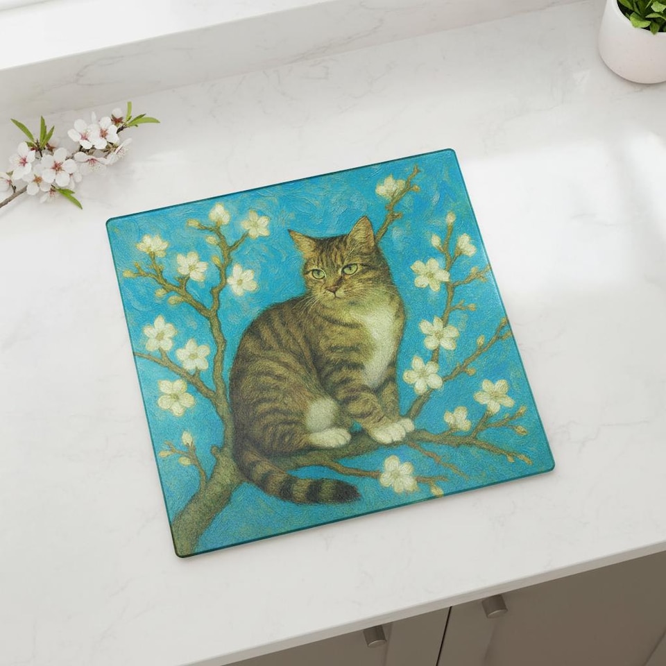 image 1 of Van Gogh Almond Blossoms Tabby Cat Large Square Worktop Protector - Smooth Glass Chopping Board