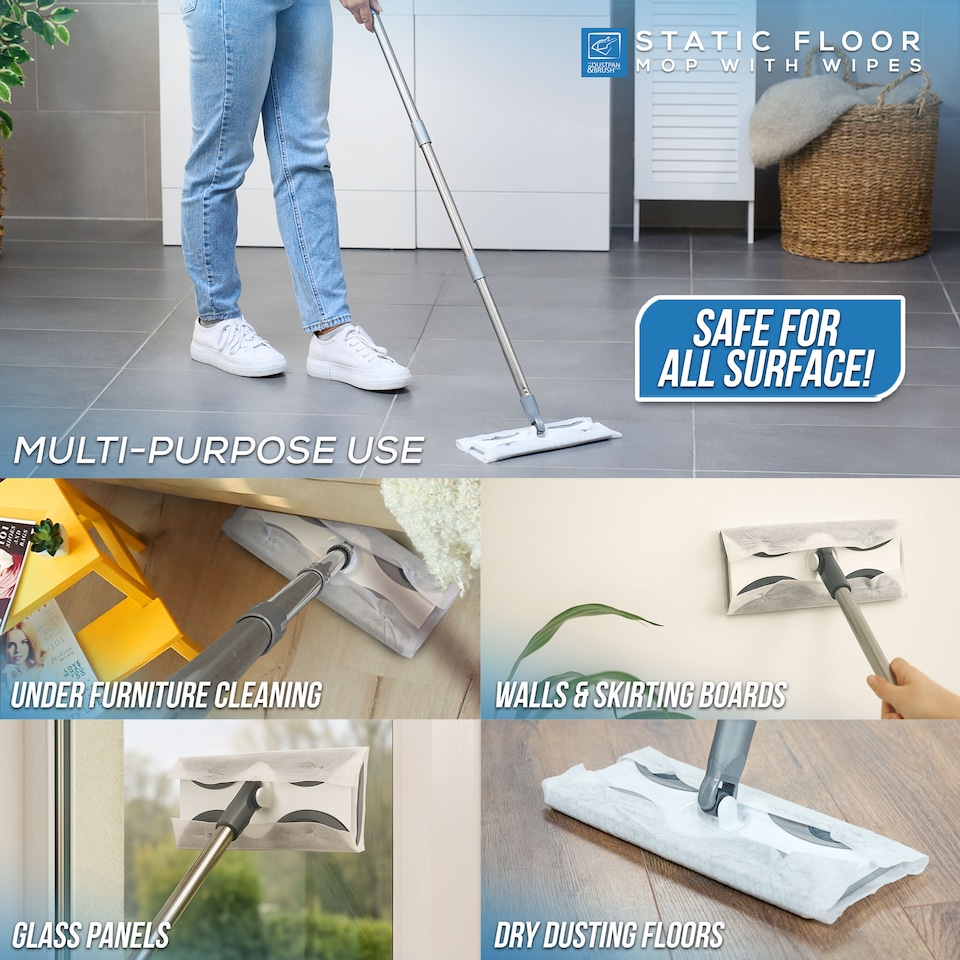 image 1 of Static Floor Sweeper Mop Kit Swivel Head Mop with 10 Dry Wipes for Wood Tile & Laminate