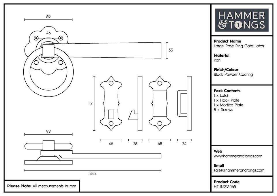 image 1 of Hammer & Tongs Rose Ring Gate Latch - W285mm - Black