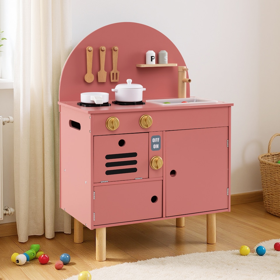 image 1 of COSTWAY Pretend Play Kitchen Wooden Kitchen Playset with Stoves Pink