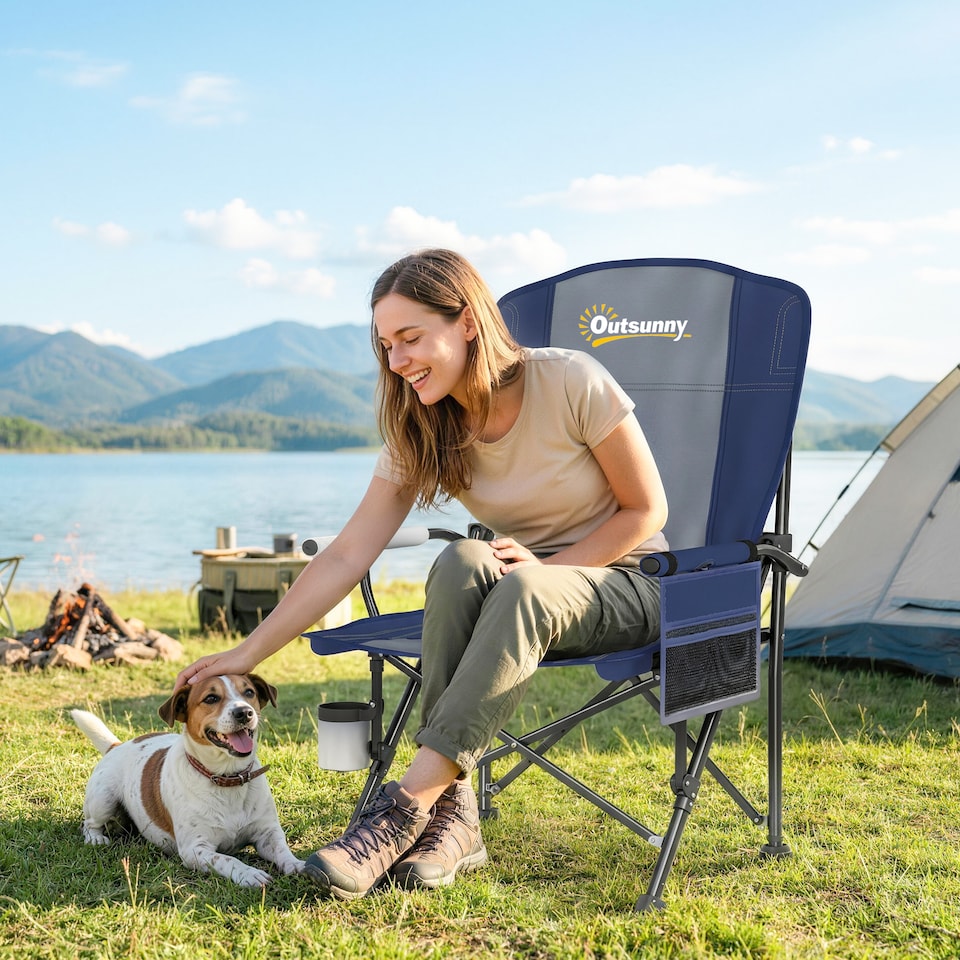 image 1 of Outsunny Camping Chair Padded with Side Pocket | Blue | Dark Blue, Dark Grey | One Size