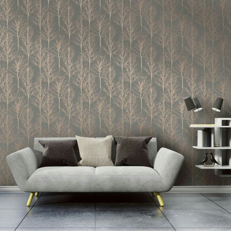 image 1 of Holden Décor Rhea Zandra Trees Wallpaper - Dark Grey/Rose Gold - 32.1ft x 21in | Grey