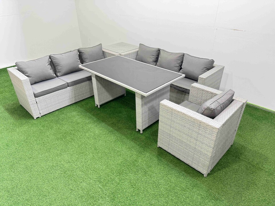 image 1 of Fimous Patio Garden Furniture Sets with Black Glass Top Dining Table 3 Seater Sofa Armchair Side Table Light Grey