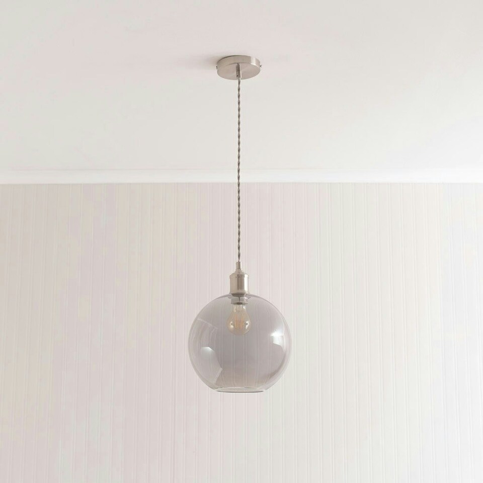 image 1 of ValueLights Bellamy Smoked Glass Globe Brushed Chrome Single Ceiling Pendant Light with Bulb Silver