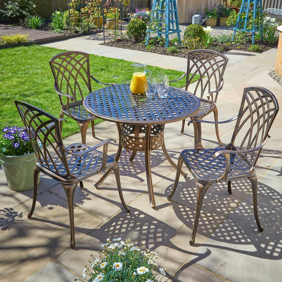 image 1 of Brown Bistro Set Outdoor Garden Patio Lattice Table and 4 Chairs Aluminium Frame