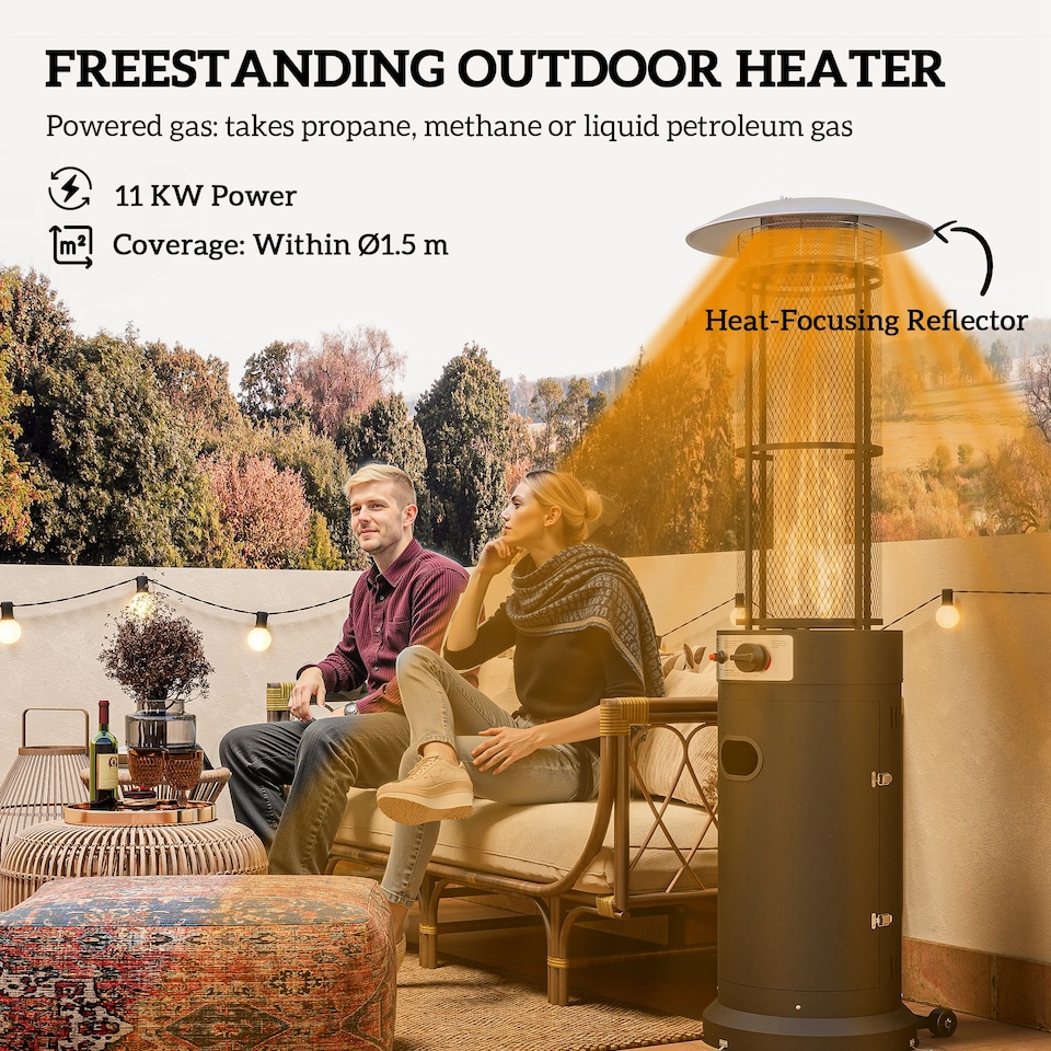 image 1 of Outsunny 11 KW Patio Heater, Propane Heater with Tip-Over Switch, Black | Black | Black