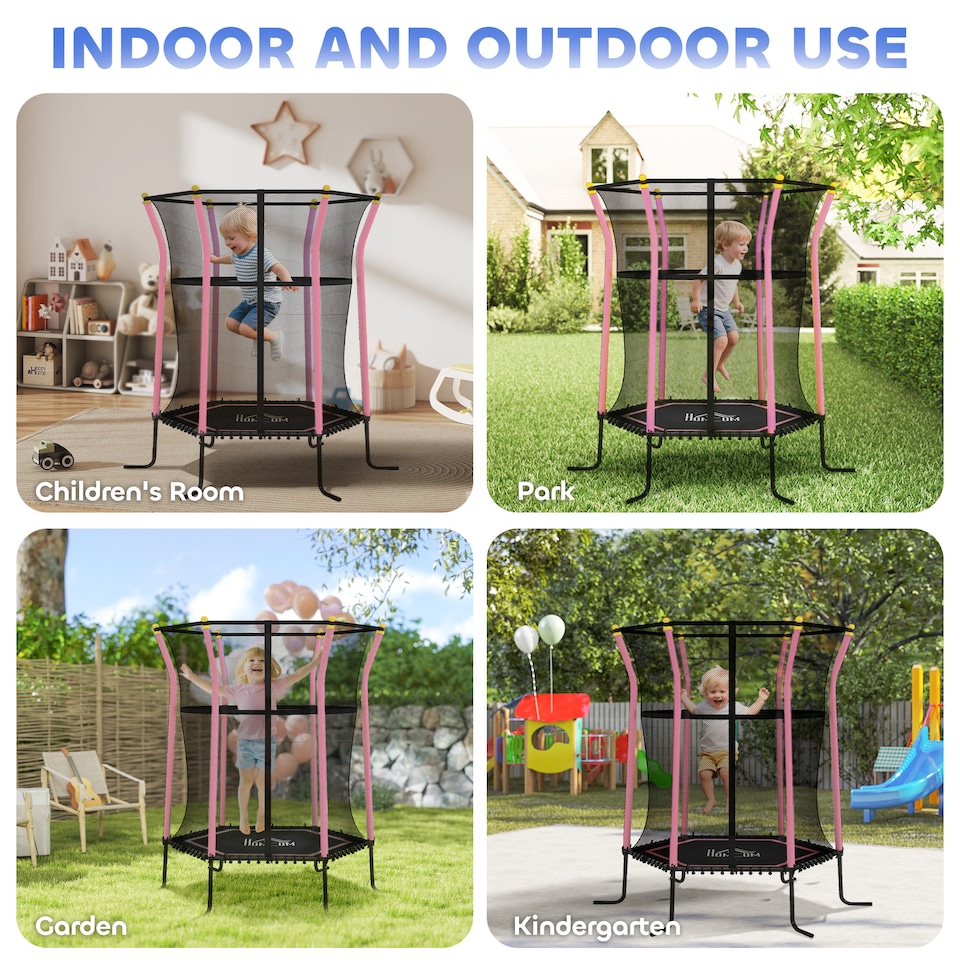 image 1 of HOMCOM 4FT Kids Toddler Trampoline With Enclosure Indoor Outdoor, Pink