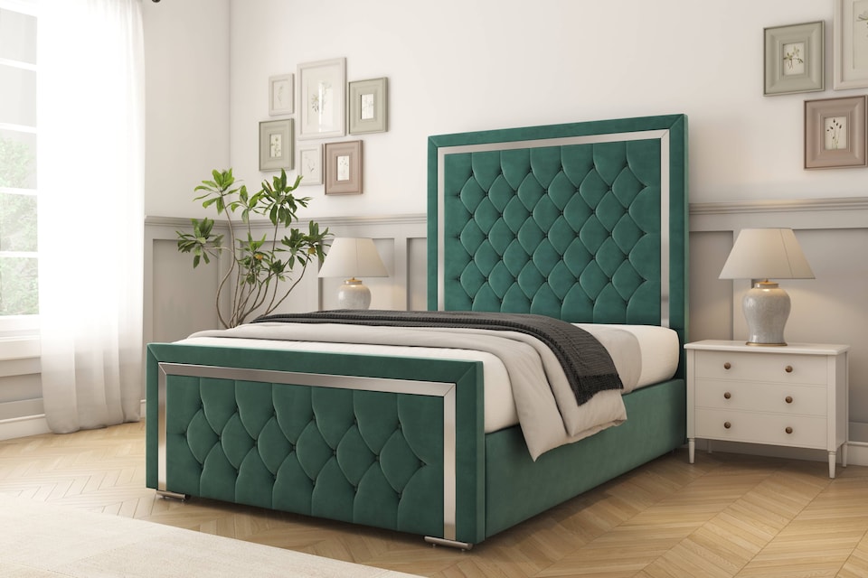 image 1 of Sloomy Sofia Chrome Emerald Plush Bed Frame With Mattress With 50" Upholstered Headboard 2'6 Small Single