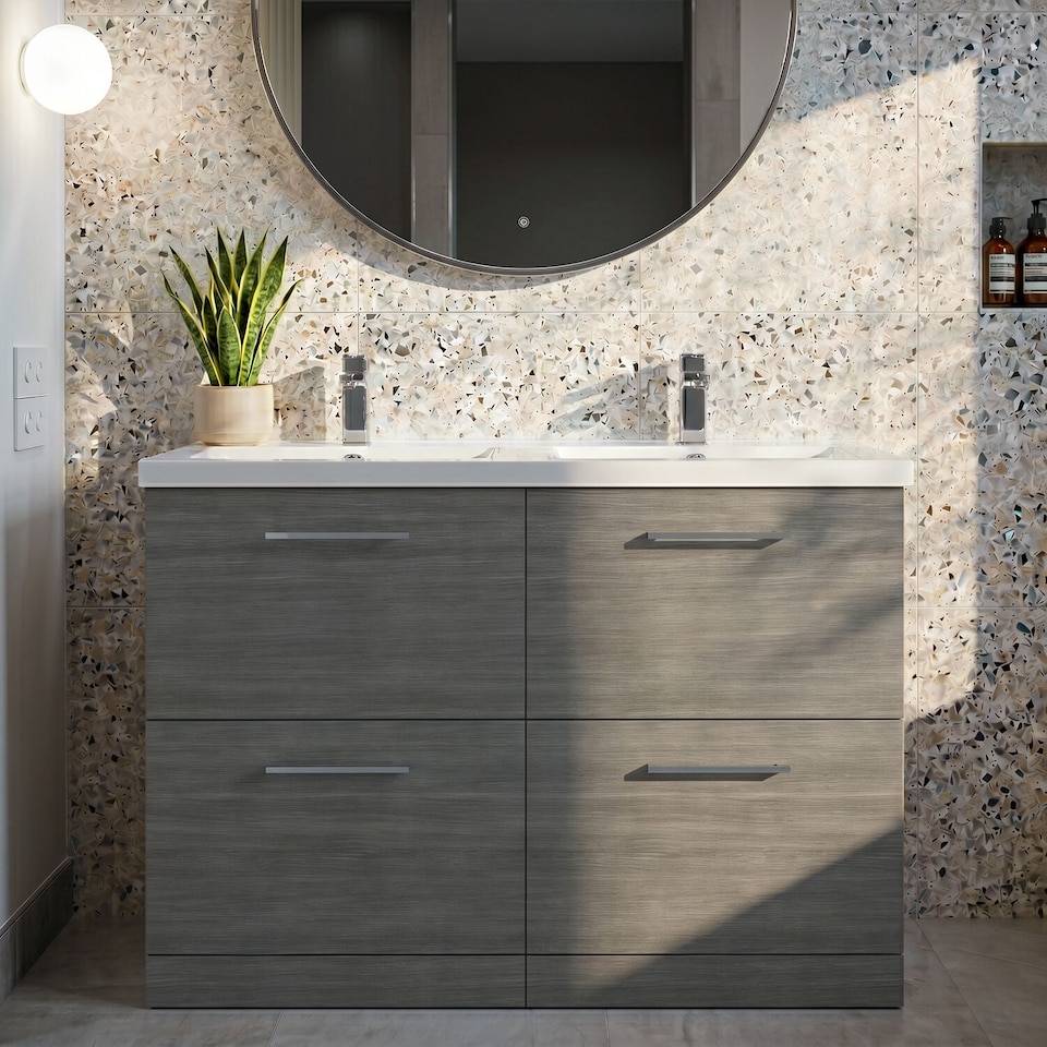 image 1 of Balterley Level Floor Standing 4 Drawer Vanity Unit with Double Basin for Modern Bathroom Storage | Grey | Anthracite Woodgrain