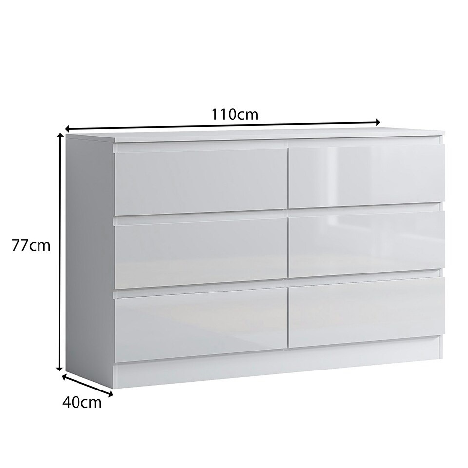 image 1 of FWStyle Carlton 6 Drawer Wide 3+3 Chest Of Drawers - White Gloss Front