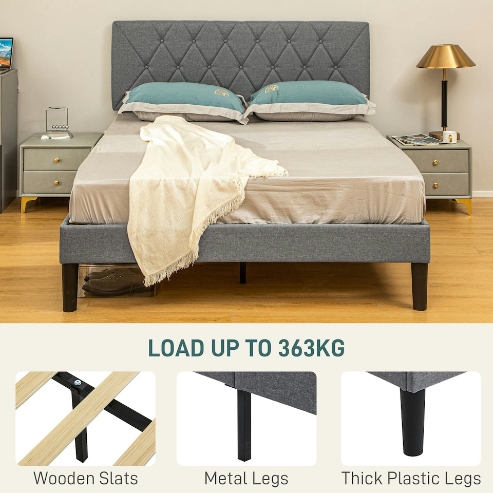 image 1 of HOMCOM Double Bed Frame with 5-Level Adjustable Linen Headboard