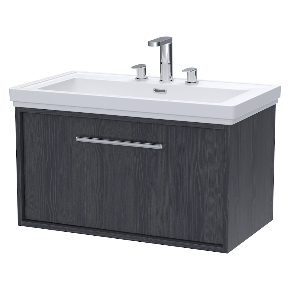 image 1 of Balterley Sturbridge Contemporary 1 Drawer Wall Hung Vanity Unit with Traditional 3 Tap Hole Fireclay Basin , 800mm, Graphite Grey Woodgrain