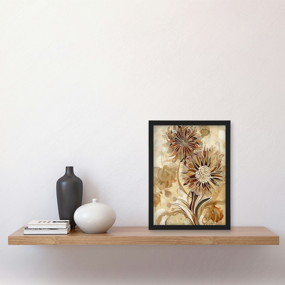 image 1 of Abstract Earthy Wildflowers Floral Mandala Black Framed Wall Art Print A4