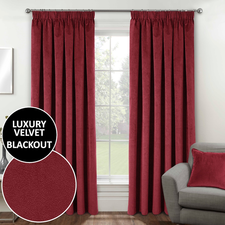 image 1 of Luxury Enhanced Living Red Velvet, Supersoft, Blackout, Thermal Curtains with Tape Top (PAIR) - 90 x 90 inch (229x229cm)