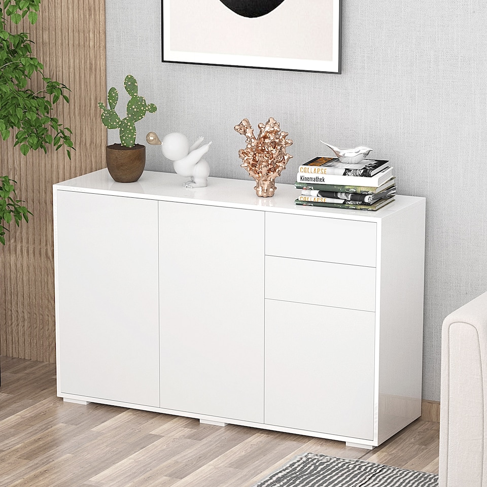 image 1 of HOMCOM High Gloss Frame Sideboard, Side Cabinet, Push-Open Design with 2 Drawer for Living Room, Bedroom, White | White | White