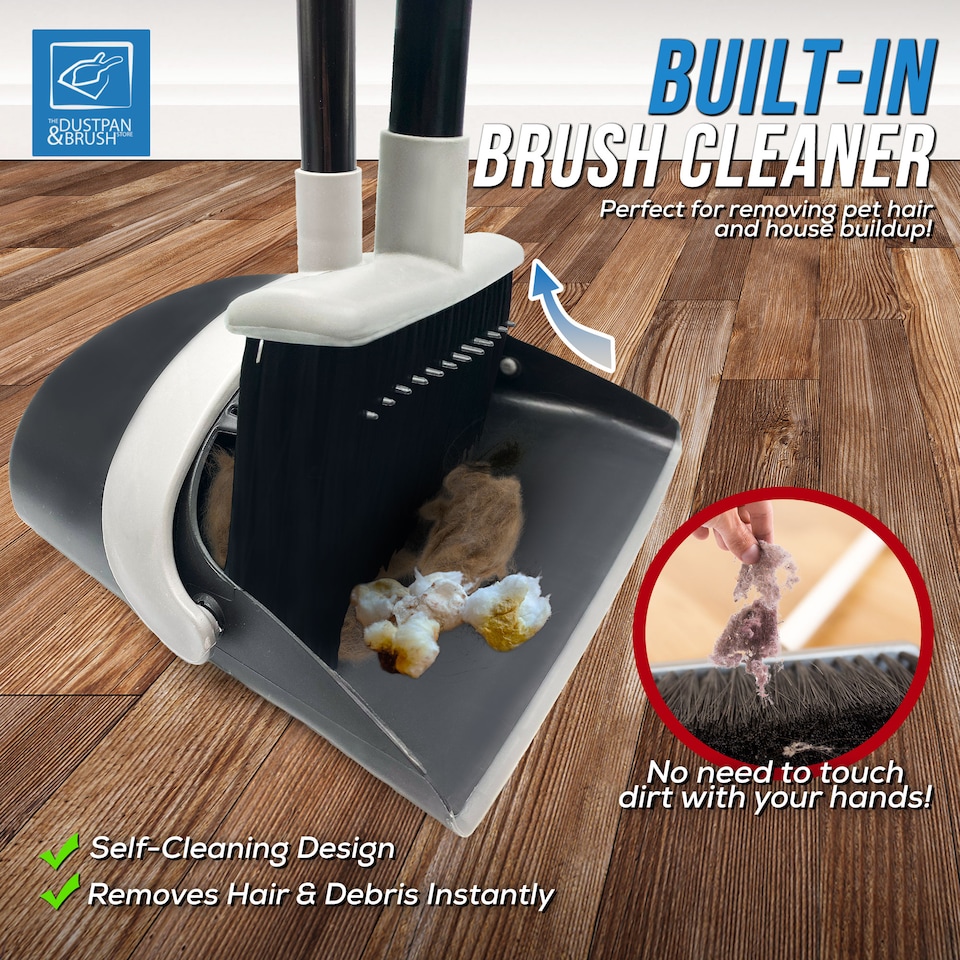 image 1 of Long Handled Dustpan and Brush Set Upright Sweeping Broom with Built-In Bristle Cleaner