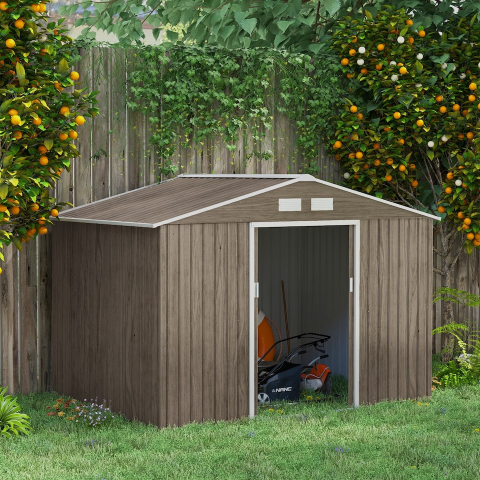 image 1 of Outsunny 9 x 6ft Metal Garden Shed, Outdoor Storage Tool House with Ventilation Slots, Foundation Kit and Lockable Double Doors, Light Brown