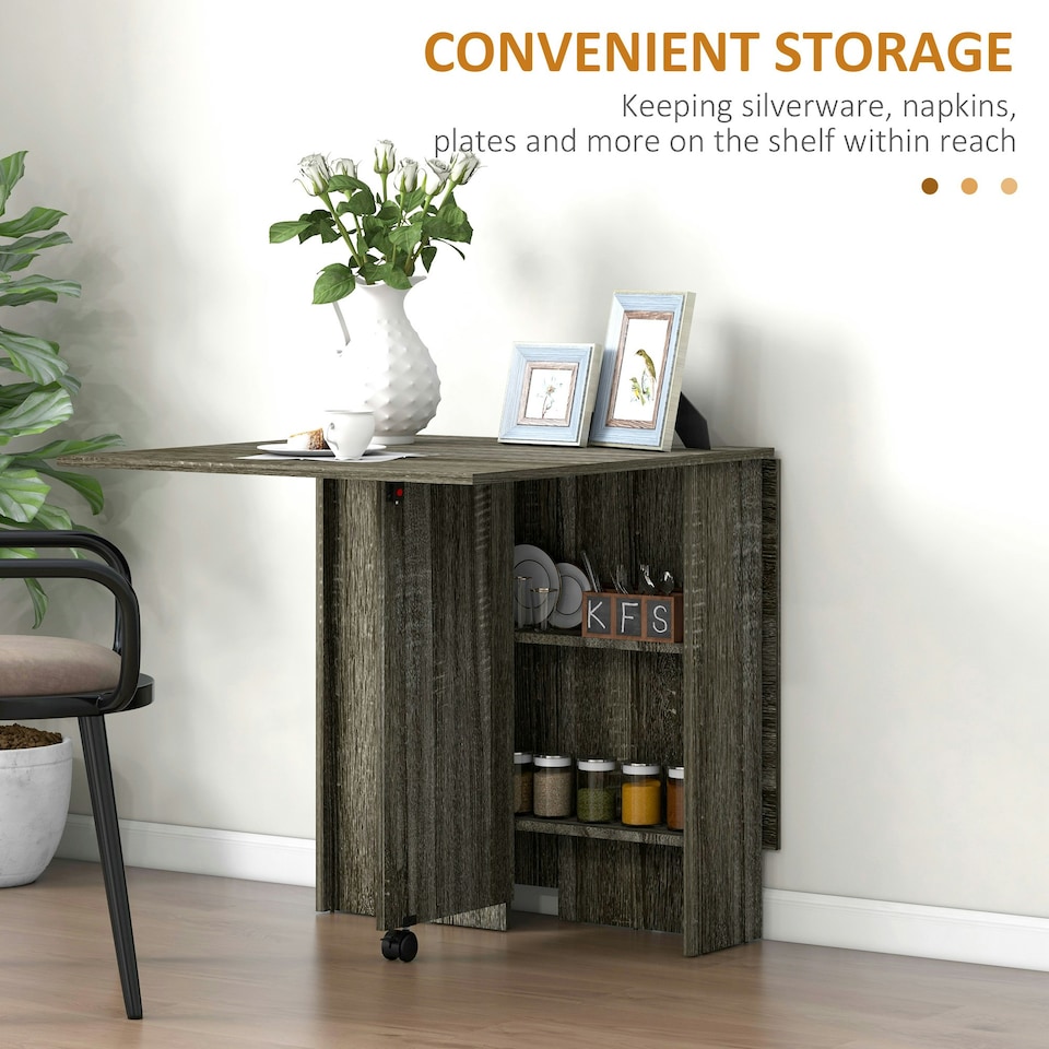 image 1 of HOMCOM Mobile Drop Leaf Dining Table Folding Desk w/ 2 wheels Storage Shelves