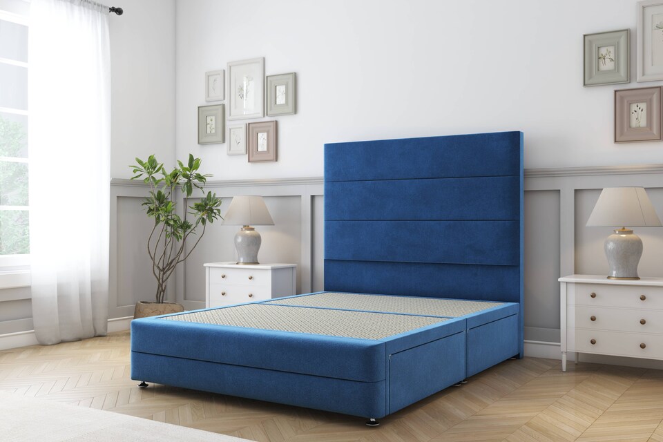 image 1 of Sloomy Monaco Navy Plush Divan Bed Base 4 Drawers With 26 Inch Strutted Headboard & 12 Inch Matching Footboard | Blue | Navy | Small Double | 1