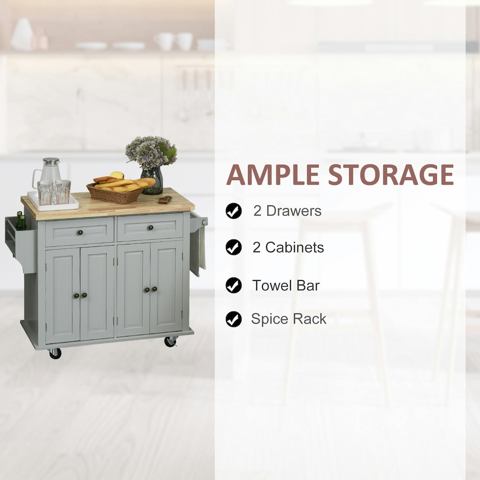 image 1 of HOMCOM Rolling Kitchen Island Cart w/ Rubber Wood Top, Towel Rack