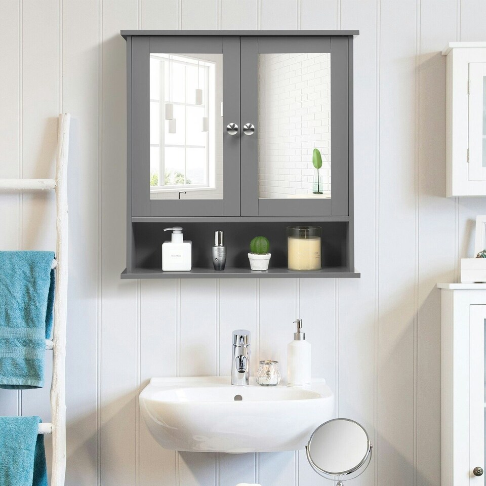 image 1 of COSTWAY Wall Mounted Bathroom Mirror Cabinet Storage Grey Grey