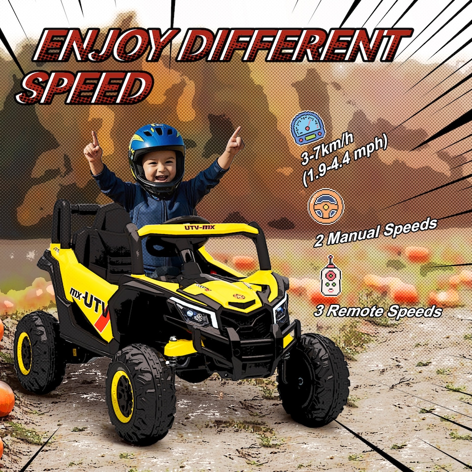 image 1 of AIYAPLAY 12V Kids Ride On Car, Electric Car for Kids UTV with Remote Control, Slow Start, Suspension System, LED Lights, Music, USB Port, for Boys Girls 3-5 Years | Yellow
