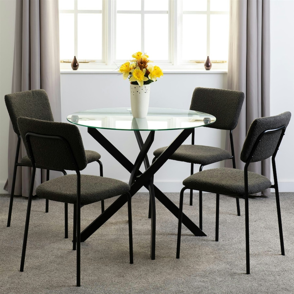 image 1 of Sheldon Round Glass Dining Set with 4 Chairs Grey | Grey Boucle