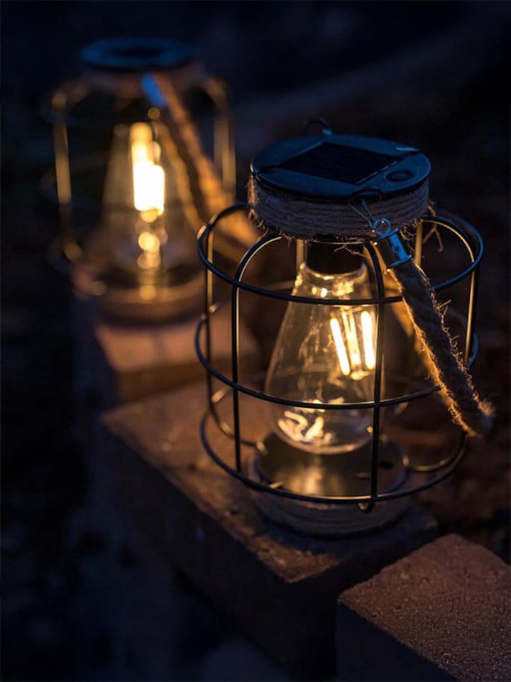 image 1 of ValueLights 2 pack of Solar Power Lantern with Hemp Rope Handle | Black