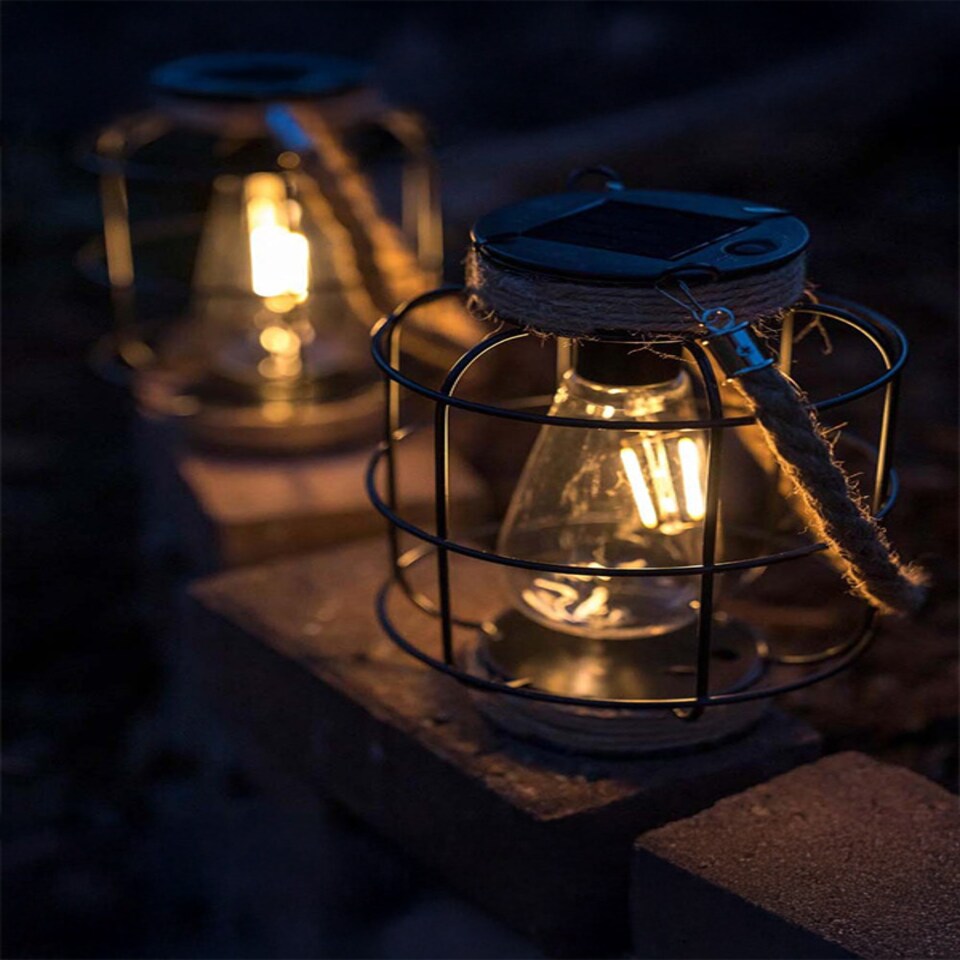 image 1 of ValueLights 2 pack of Solar powered Lantern cage with Hemp Rope Handle