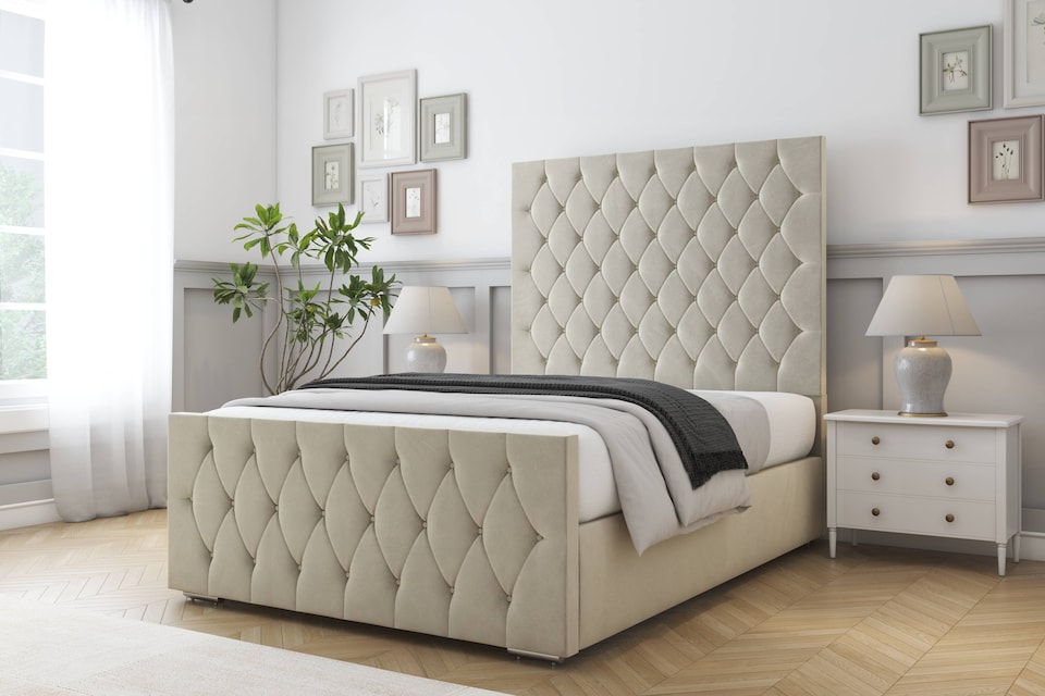 image 1 of Sloomy Watson Cream Plush Bed Frame With Mattress With 50" Upholstered Headboard 6' Super King