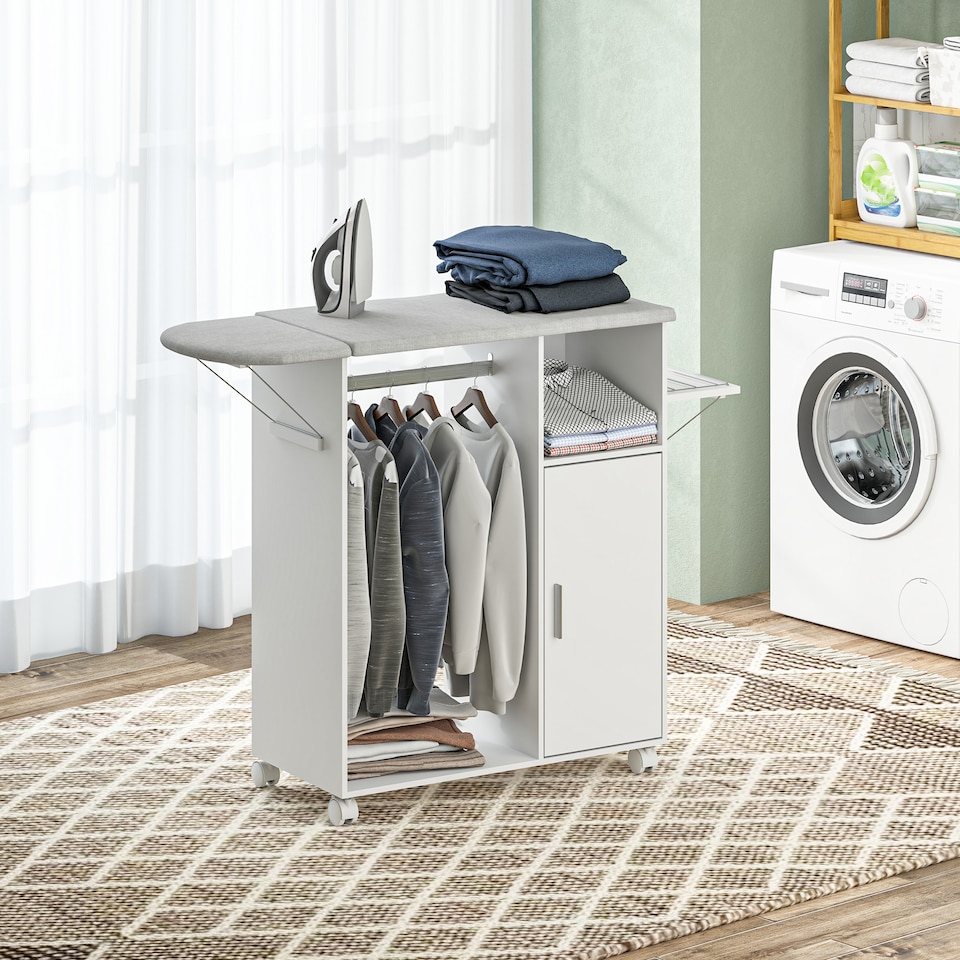 image 1 of HOMCOM Rolling Ironing Board Cabinet, Foldable Ironing Station with Storage