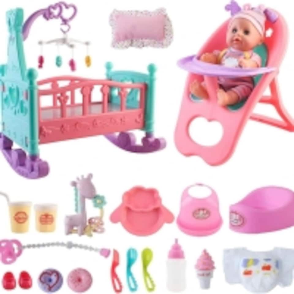 image 1 of 12” My First Baby Doll Play Set – 15 Piece Set with Crib, Mobile, High Chair & Accessories – Soft Body Doll for Kids Ages 3+