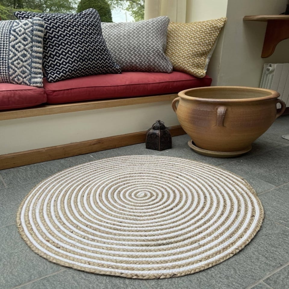 image 1 of CHAKKAR PALE Stripe Round Beige Hall Rug - Jute - L90 x W90 White