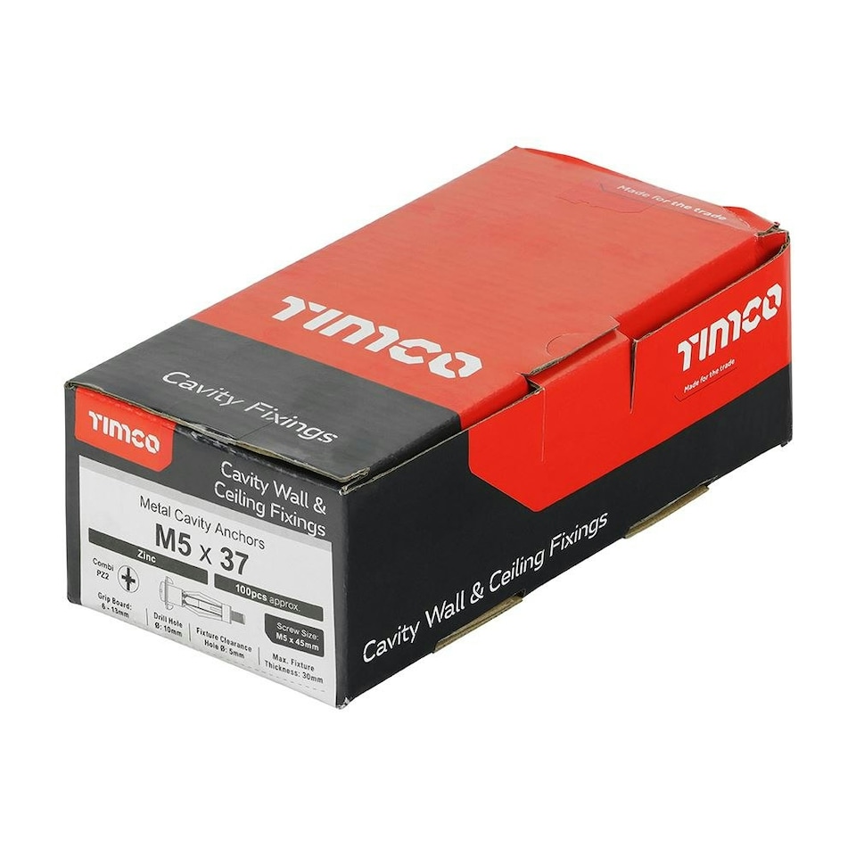 image 1 of Timco - Metal Cavity Anchors - Zinc (Size M5 x 37 (45mm Screw) - 100 Pieces)