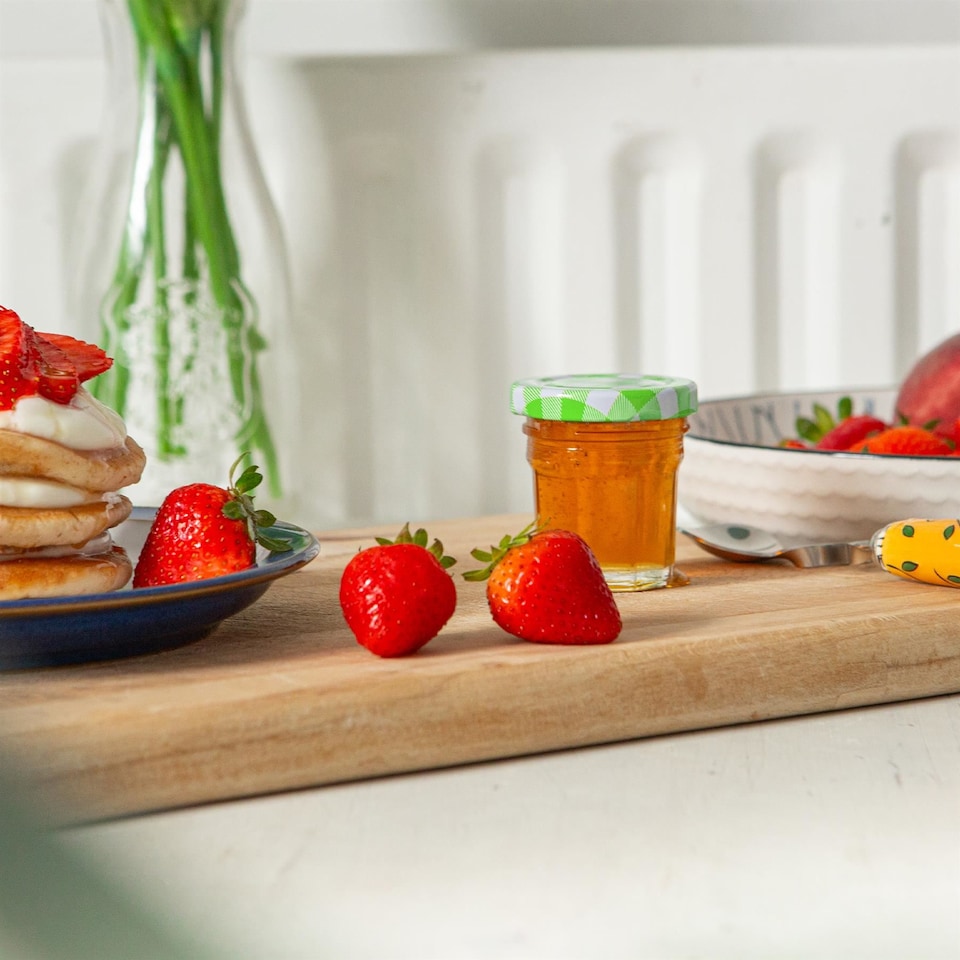 image 1 of Argon Tableware Glass Jam Jars with Green Gingham Lids - 30ml - Pack of 6