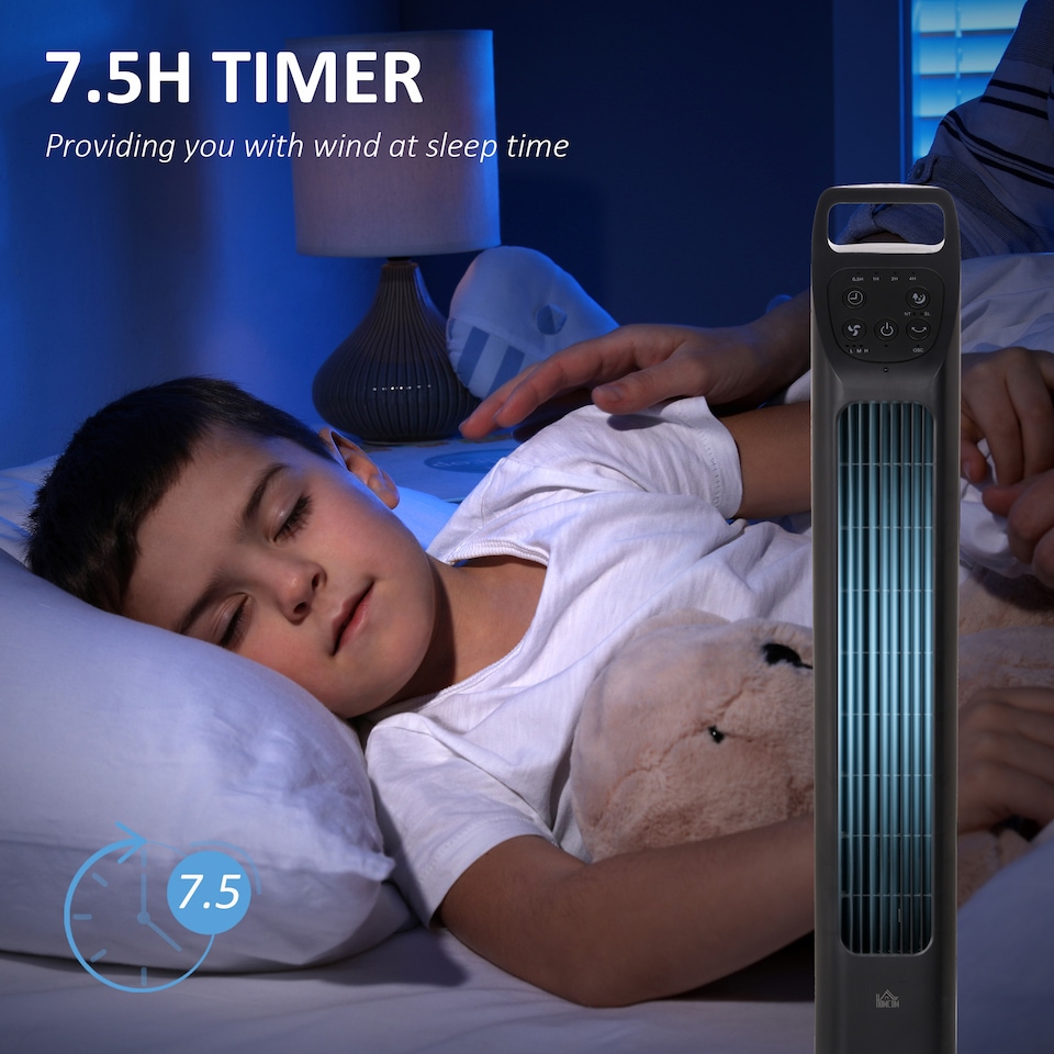 image 1 of HOMCOM Tower Fan, Electric Cooling Fan with Remote, 75 Oscillating, 3 Speed 3 Modes, 7.5H Timer, Quiet Standing Bladeless for Bedroom Office, Black