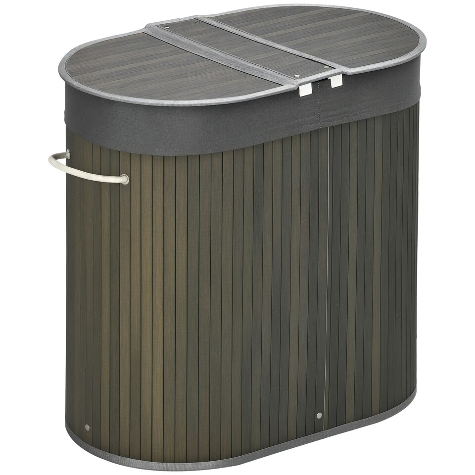 image 1 of HOMCOM 100L Bamboo Laundry Basket w/ 2 Compartments Washing Baskets Grey