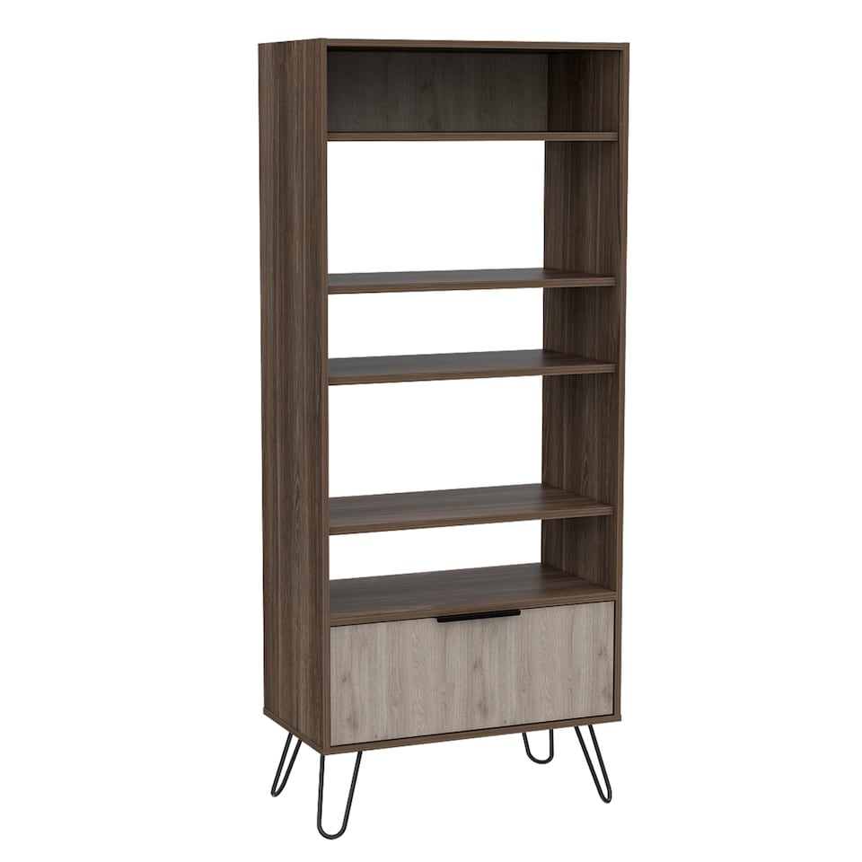 image 1 of Nevada Large Four Shelf Display Bookcase With Storage - Grey and Bleached Oak Effect with Industrial Metal Accents | Brown | Grey & Bleached Oak | One Size | 1