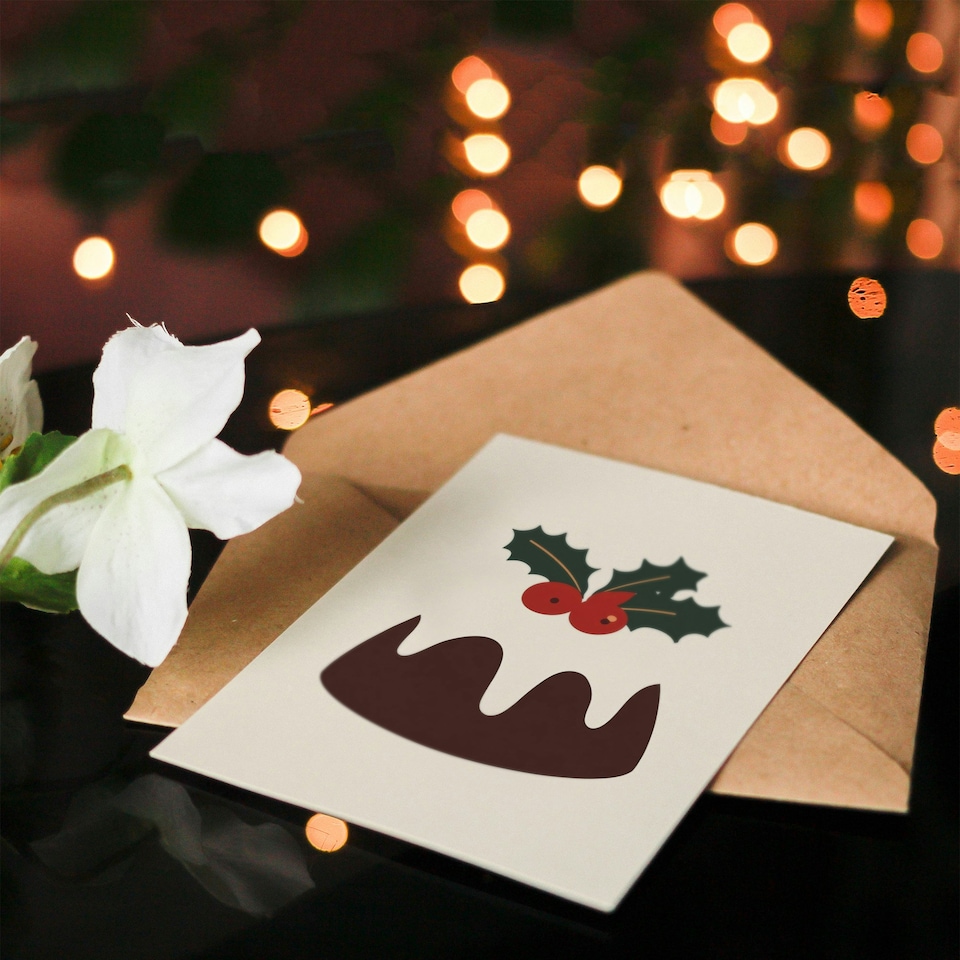 image 1 of Cake Pudding Holly Icing Modern Graphic Xmas Art Blank Christmas Card