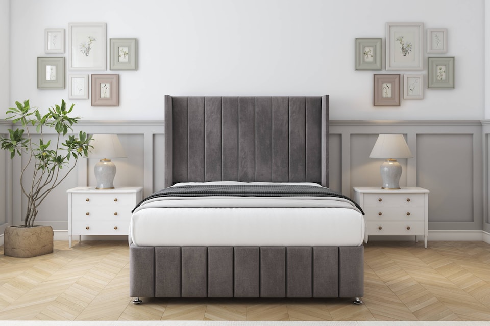 image 1 of Sloomy Melbourne Slate Naples Divan Bed With Mattress No Drawers With 54" Wingback Headboard & 12" Matching Footboard 4'6 Double | Grey | Slate | Double | 1