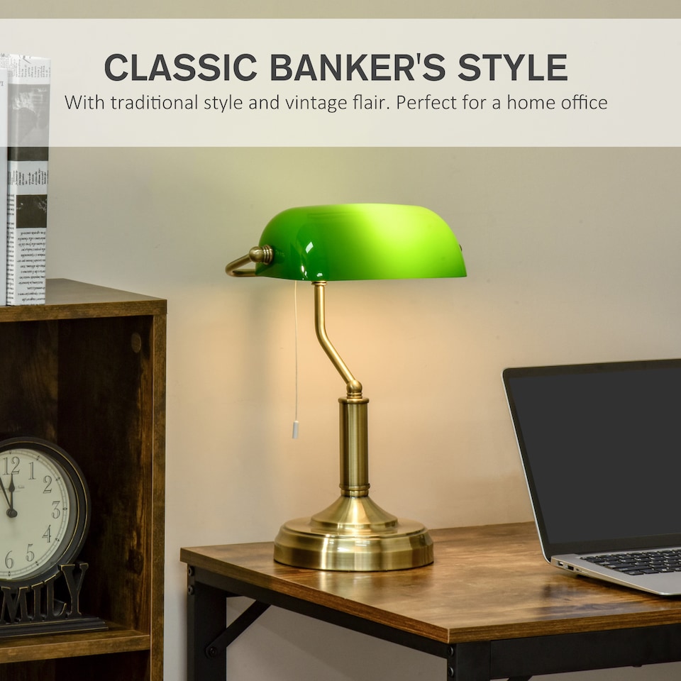 image 1 of HOMCOM Banker's Table Lamp w/ Antique Bronze Tone Base, Green