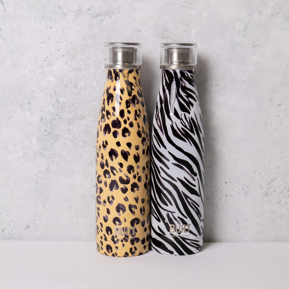 image 1 of BUILT Hydration Set with Two 500 ml Double Walled Stainless Steel Water Bottles - Leopard and Zebra Multi | ONE SIZE