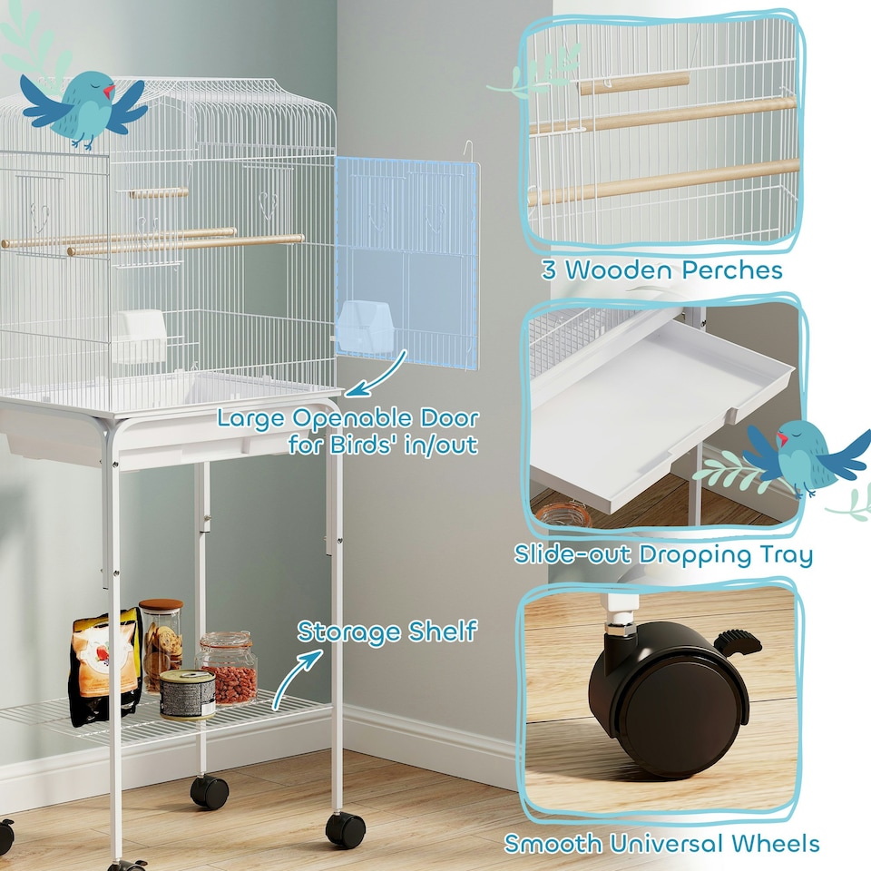 image 1 of PawHut Bird Cage for Budgie Finch Canary Parakeet W/ Stand Tray White