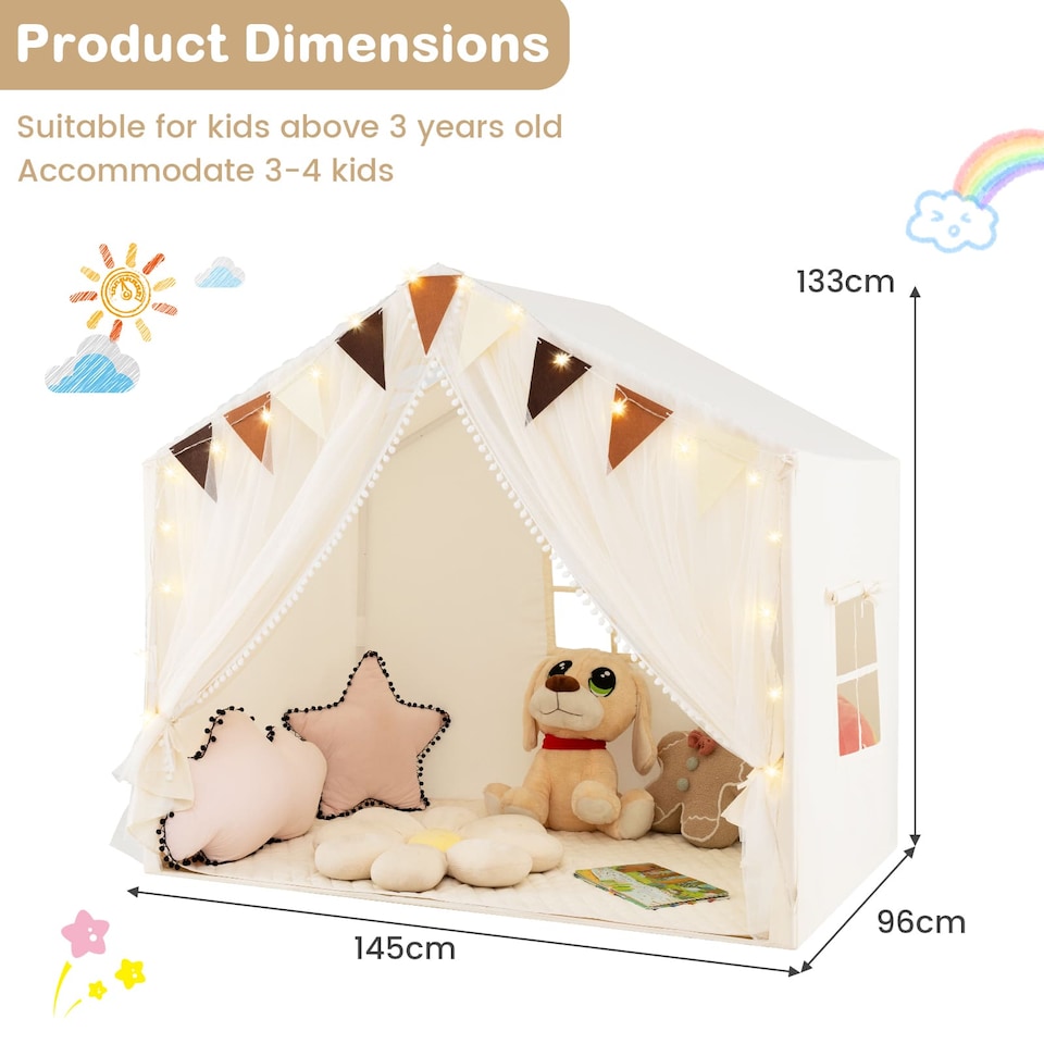image 1 of COSTWAY Kids Play Tent 3-4 Kids Large Play Tent House w/Screen Curtains-Beige