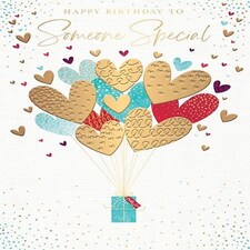 Words 'n' Wishes Someone Special 'Happy Birthday' Card, Heart Shaped Balloons and Present, Foil and Embossed Finish, for Him/Her
