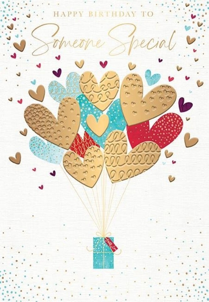 Words 'n' Wishes Someone Special 'Happy Birthday' Card, Heart Shaped Balloons and Present, Foil and Embossed Finish, for Him/Her