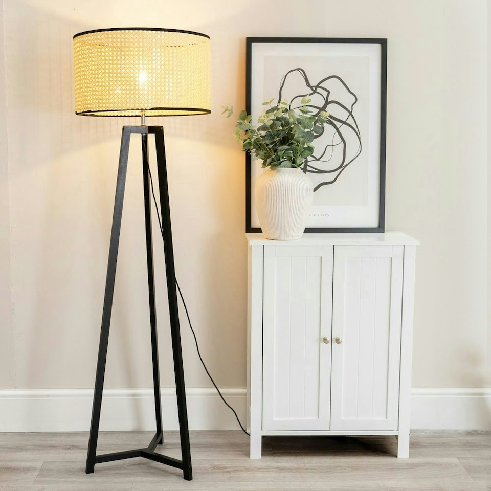 image 1 of ValueLights Lottie Black Wood Tripod Floor Lamp with Natural Cane Drum Shade