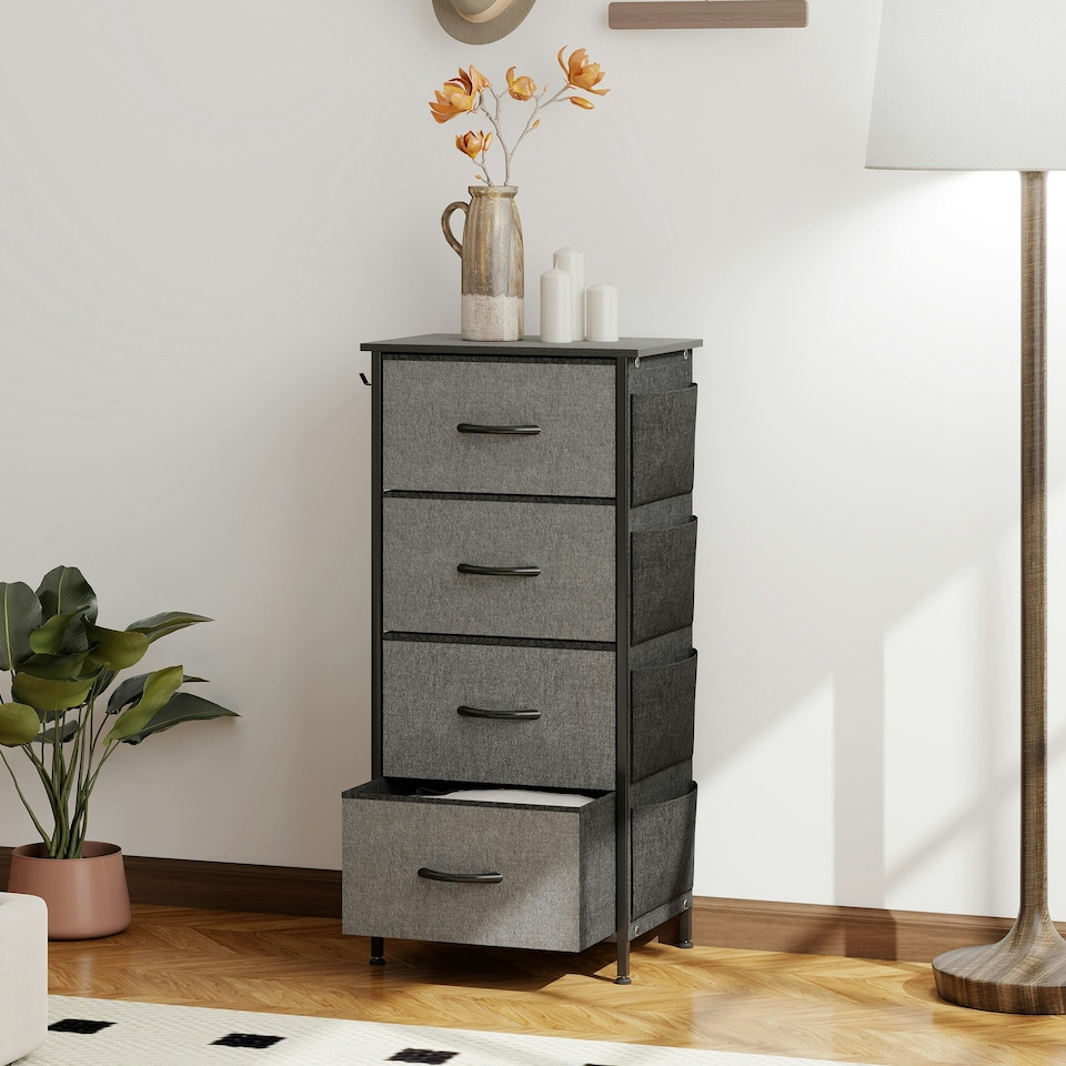 image 1 of HOMCOM Fabric Chest of Drawers, 4 Drawer Dresser for Bedroom, Charcoal Grey Grey | Black