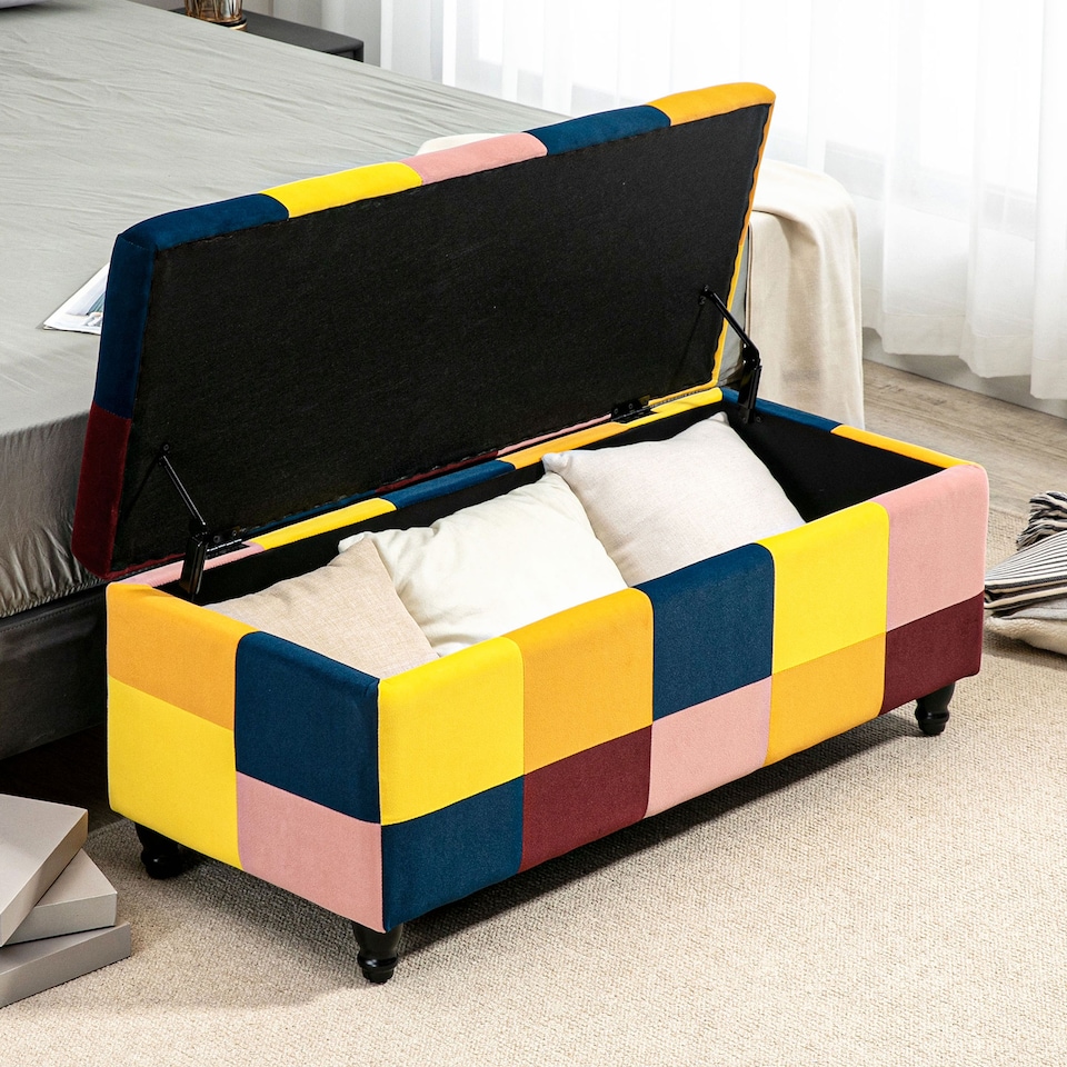 image 1 of HOMCOM Storage Ottoman, Storage Bench with Wood Legs, Footstool, Footrest with Velvet Surface for Bedroom, Hallway, Living Room, 114 x 47 x 47 cm, Multicoloured